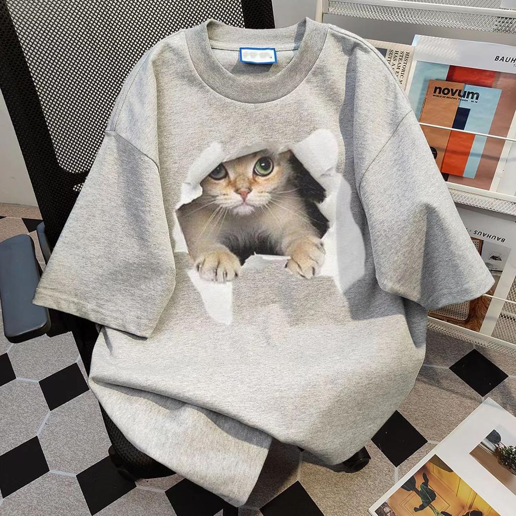Cotton Cat Print Summer Short-sleeved T-shirt Women's Loose Casual and Thin Versatile Crew Neck Couple Heavy Ins