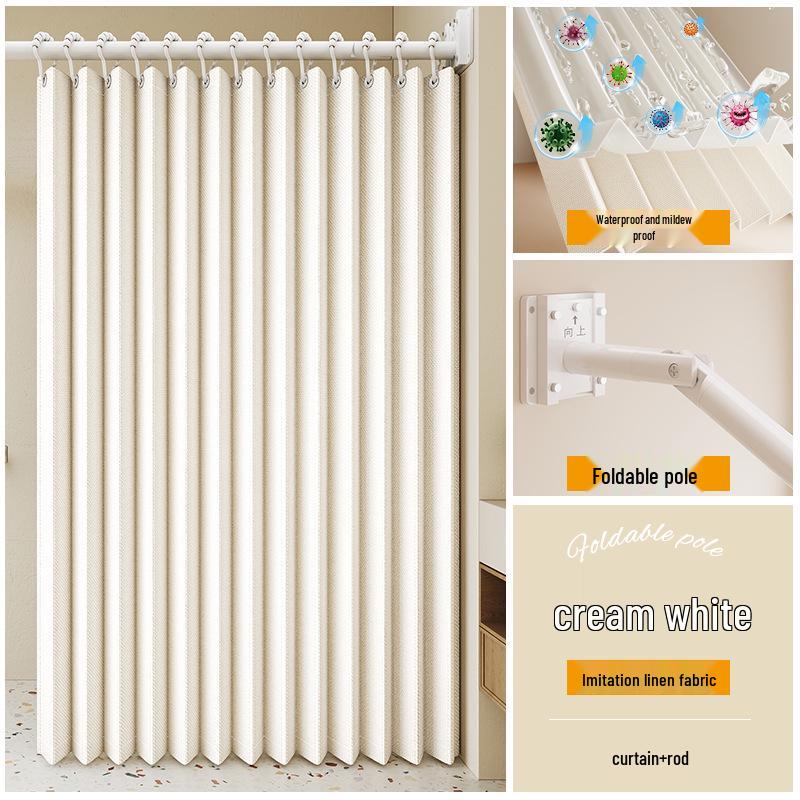 Durable Linen-Like Folding Shower Curtain with Telescopic Rod for Bathroom Optimization