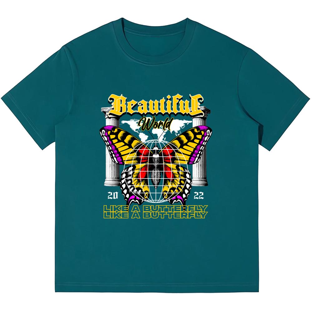 

230GSM плотные хлопковые мужские футболки «Красивый мир, как бабочка» с принтом в стиле ретро, ​​панк-футболка Harajuku, повседневная уличная одежда, футболки
