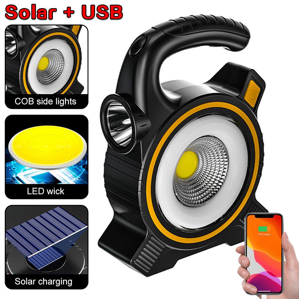 Portable Solar COB Work Lamp USB Rechargeable Camping Lantern Outdoor Emergency Powerbank Tent Flood Flashlight Repair Spotlight