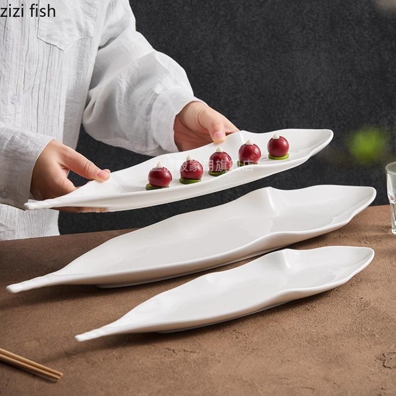 Leaf Shaped Ceramic Dining Plate White Long Fish Plates Sushi Plate Dim Sum Dish Fruit Plates Snack Bowl Sting Disc Cake Tray