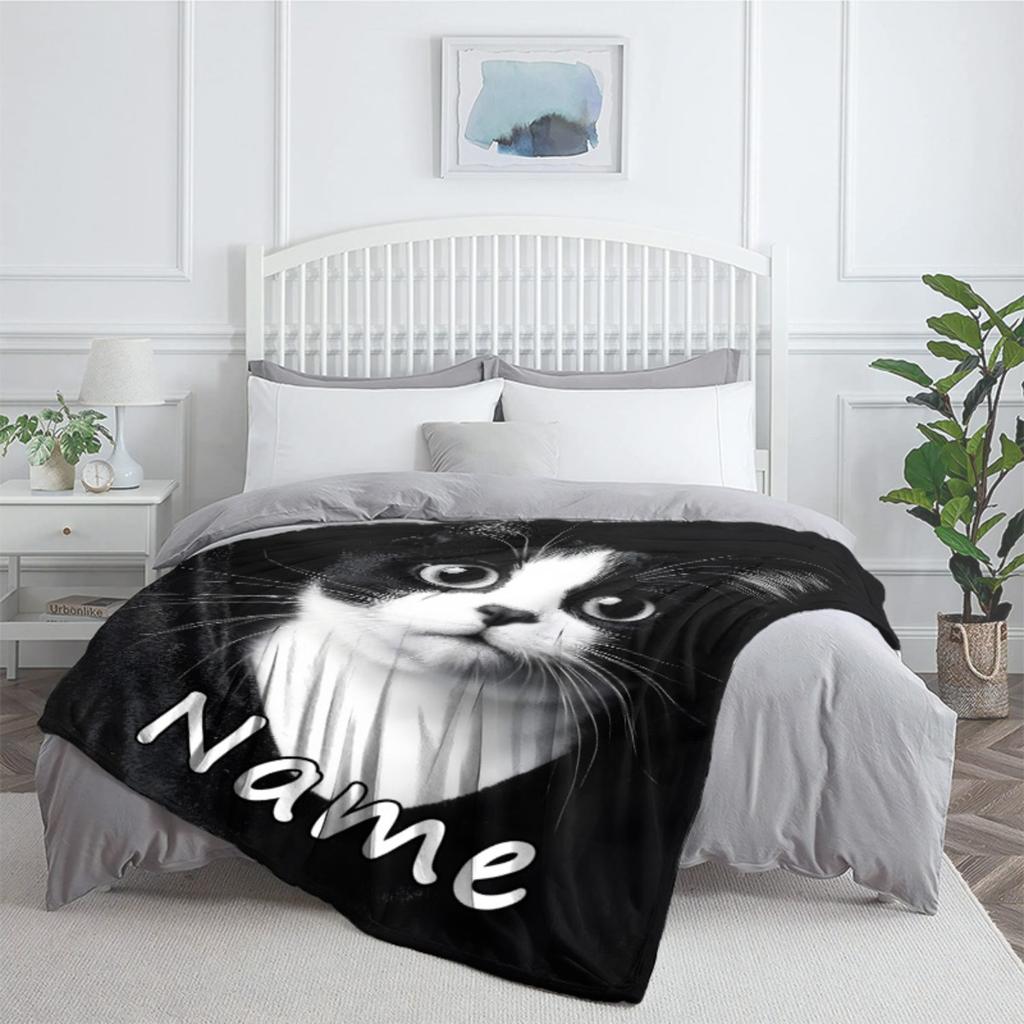 Custom Black White Cat Blanket Personalized Name Fleece Throw All Season Soft Warm Bedding Home Decor Gift for Cat Lovers