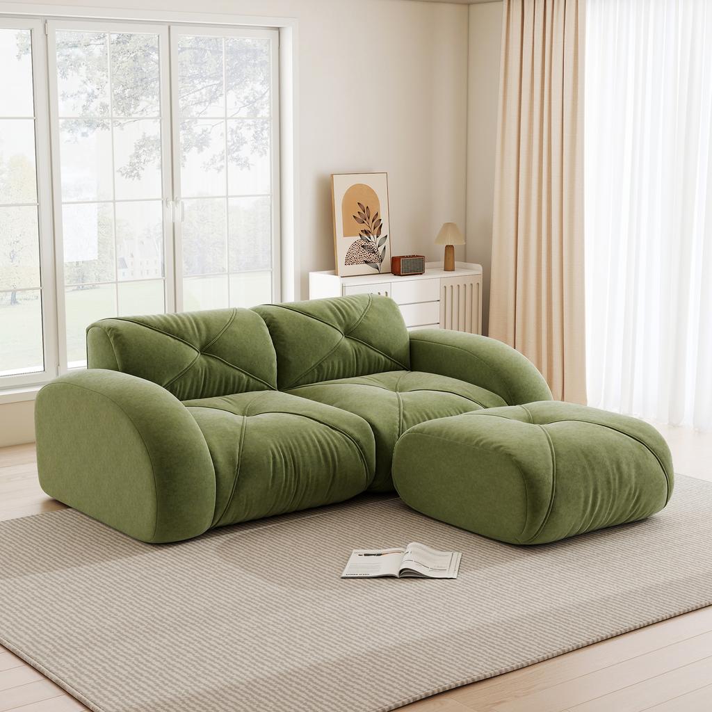 Modular sofa, 2-seater sofa with ottoman, high-density 32D foam, suitable for living room, pet-friendly chenille fabric, non-slip design, green