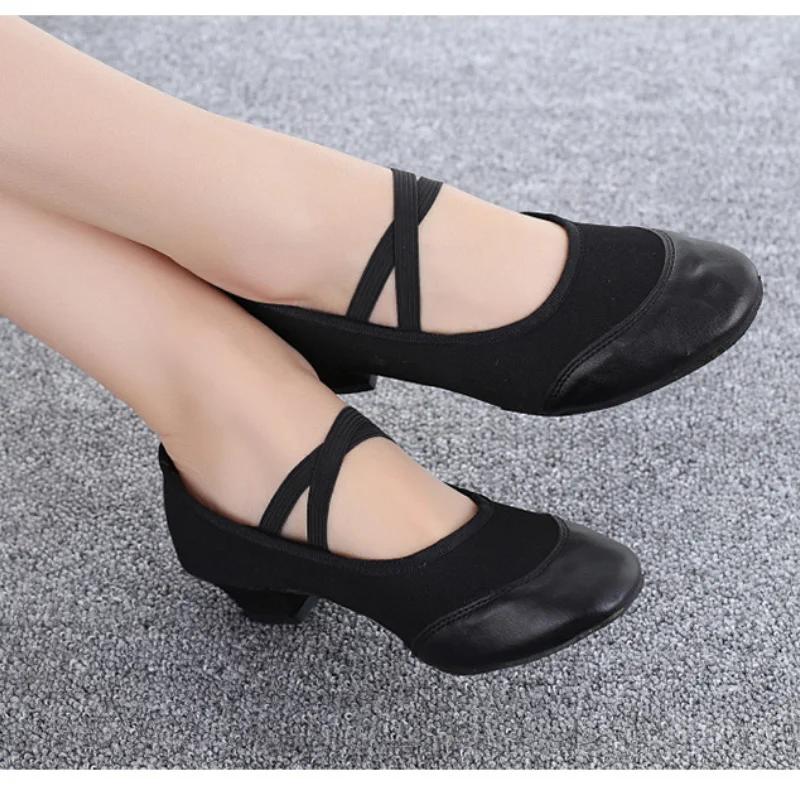 New Teacher Dance Shoes Canvas Leather Ballet Shoes Square Low Heel Dancing Shoe Black/Red Girls Women's Shoes Teaching Practice