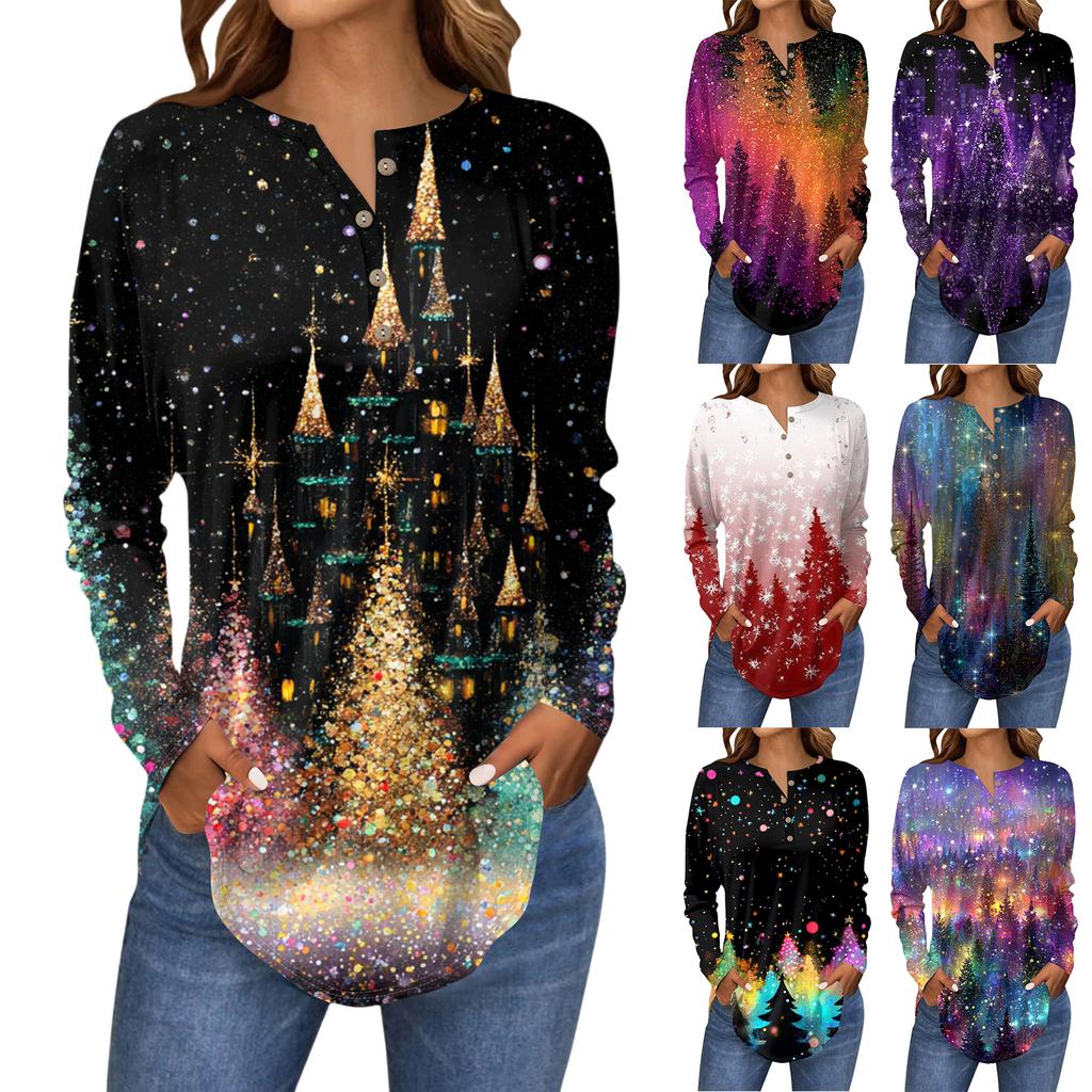 Women's Fashionable Loose-Fit Button-Down Collar Christmas Print Long-Sleeved Top