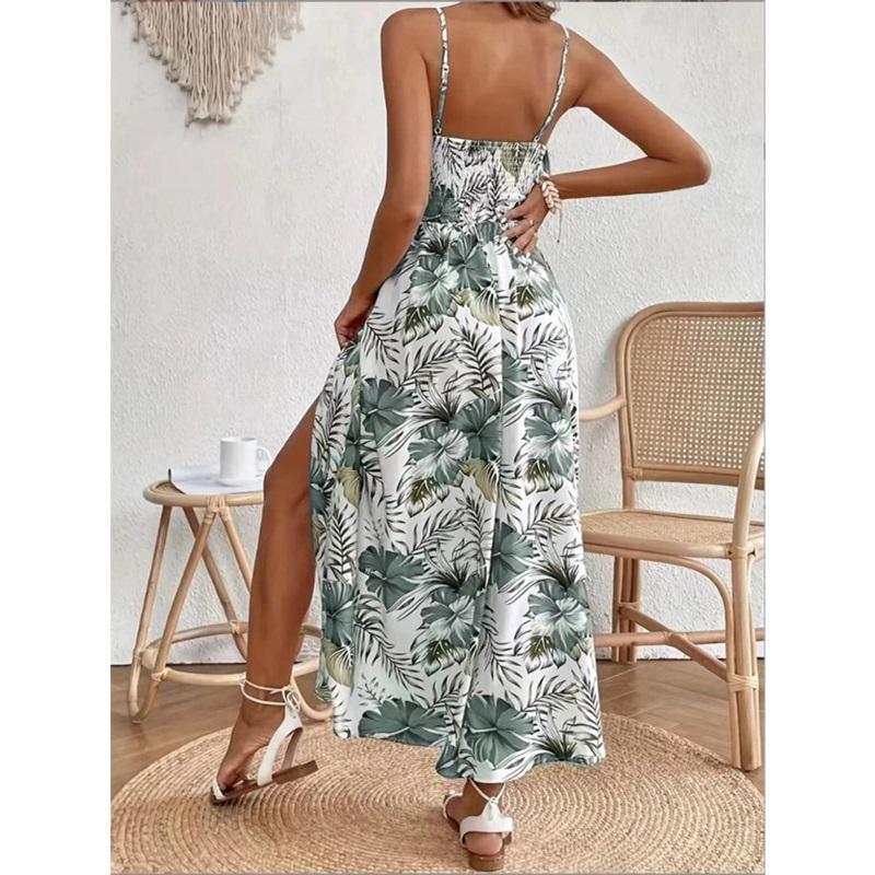Summer European And American Style Ladies New Holiday Style Elegant Flower Print Dress Tight-fitting Waist Split Suspender Long Skirt
