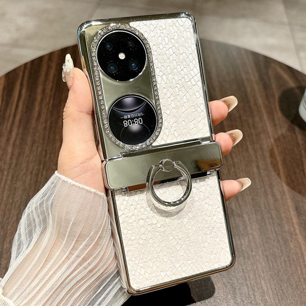 

For Huawei Pocket 2 Case Fish Scale Texture Ring Holder PC Rhinestone Phone Cover White