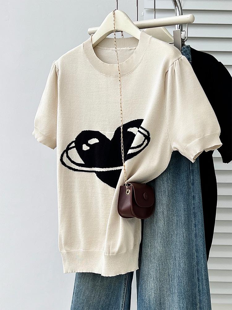

Plus Size Women s Summer 2026 Heart Ice Silk Knit Round Neck Short Sleeve T-shirt 3XL (165-200 lbs) чёрный