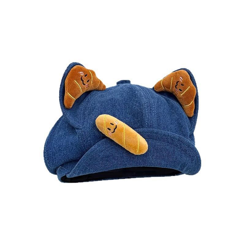 Japanese Cartoon Cute Croissant Cat Ear Cowboy Octagonal Hat Women'S Autumn And Winter Big Head Circumference Sweet Versatile Beret