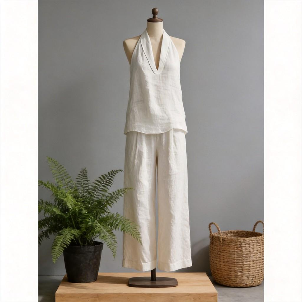 Cotton Linen Blend Sleeveless Pantsuit With Patching For Casual Women Spring Summer