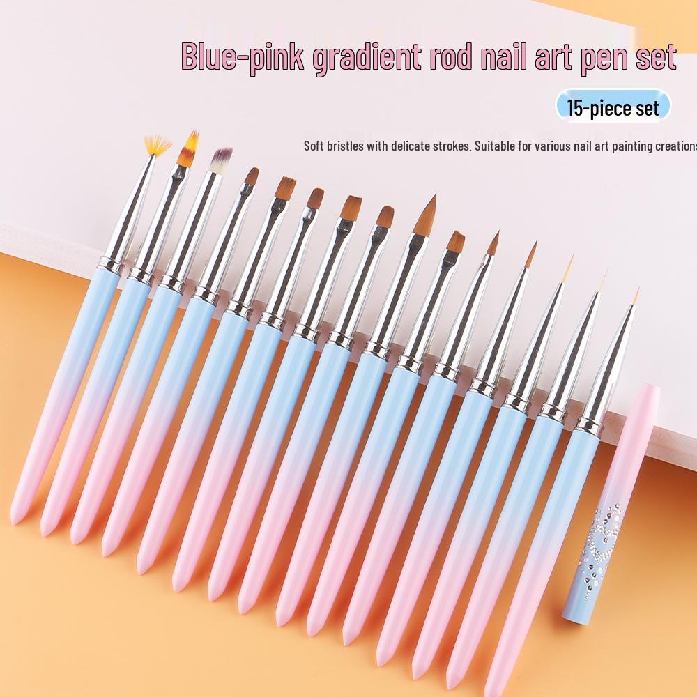

Blue-Pink Gradient Nail Art Brush Set - 15 Pieces for Drawing & Gel Painting