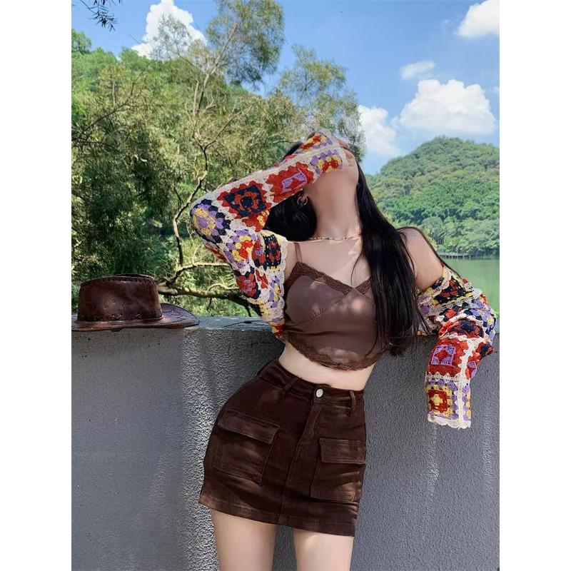 Vintage Colourful Hollow Out Long-sleeved Outer Knitted Cardigan Women's Autumn Cardigan Short Chic Tops