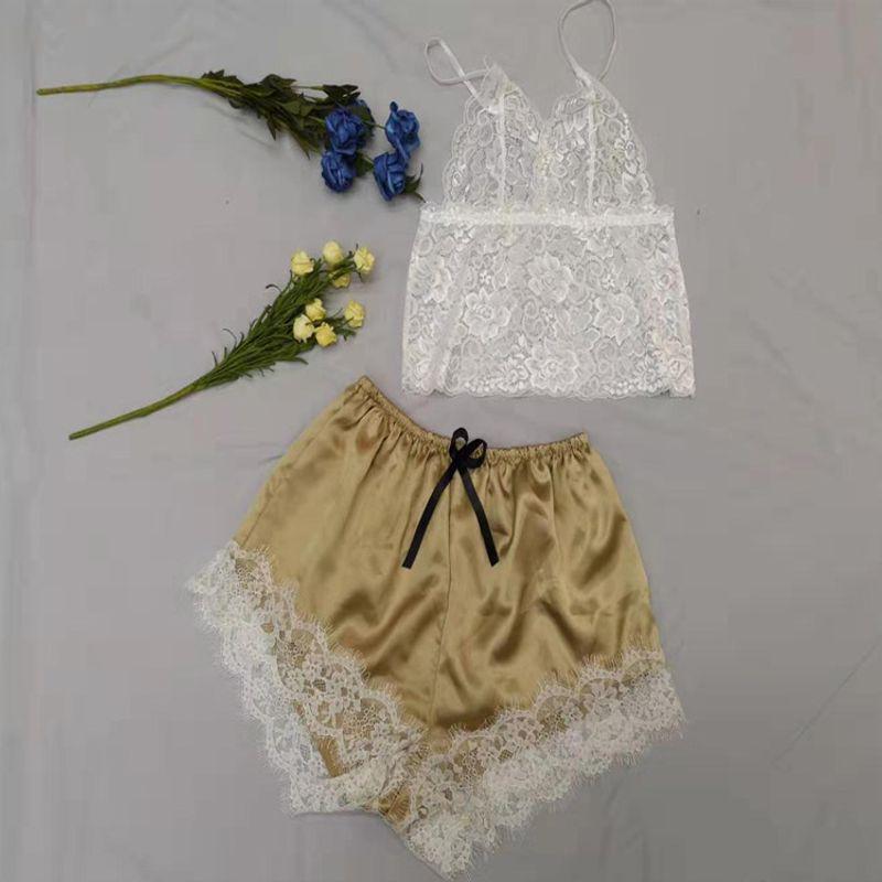 Ladies Two-Piece Pajamas with Suspen Sexy Sling Ultra-Thin Pajamas Two-piece Set