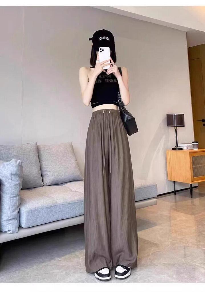 Ice Silk Pleated Wide-Leg Maternity Pants - No Waistband, Petite Fit, Drawstring, Spring/Summer Style