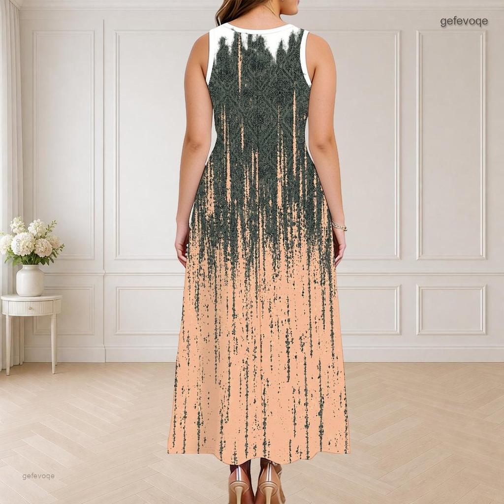 Women Plus Size Round Neck Triple Keyhole Cutout Sleeveless Abstract Printed Long Dress