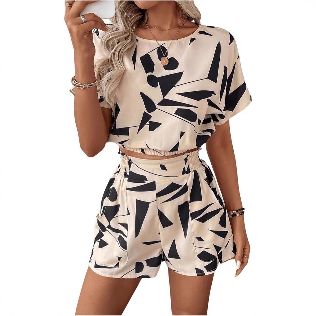 2025 European and American Cross-border Amazon Summer New Fashion Printing Set Loose Casual Shirt Shorts Two-piece Set