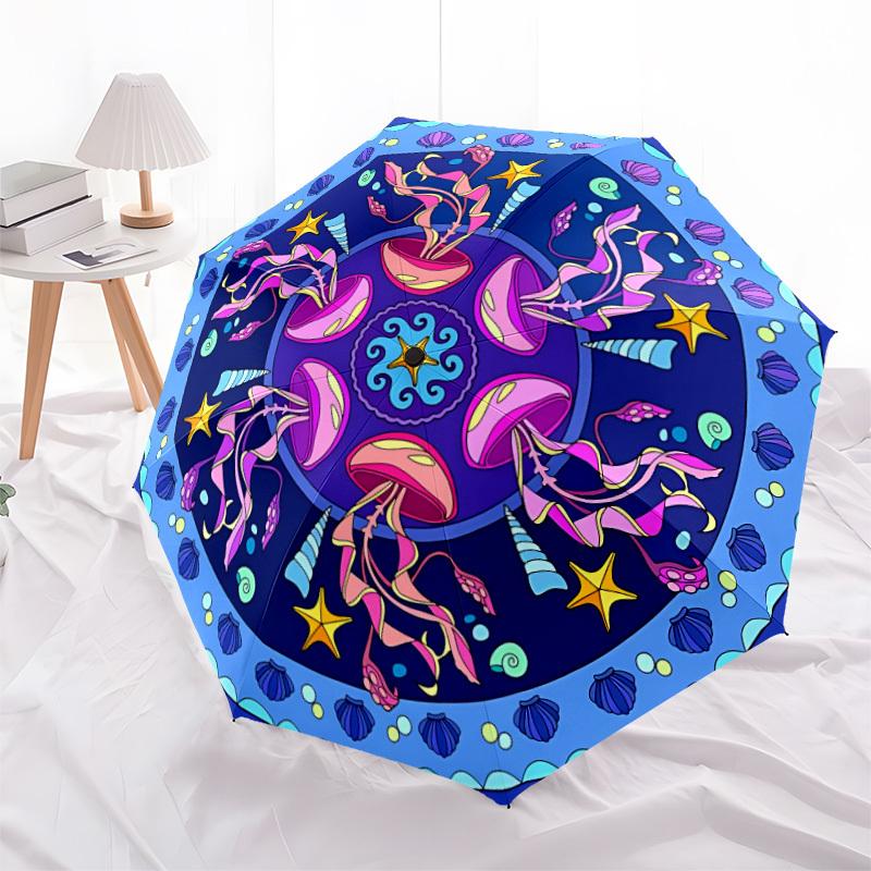1pc Oceanic Mandala Auto-Fold Umbrella with One-Touch Open/Close - 8 Reinforced Ribs for Windproof Stability yy251118141