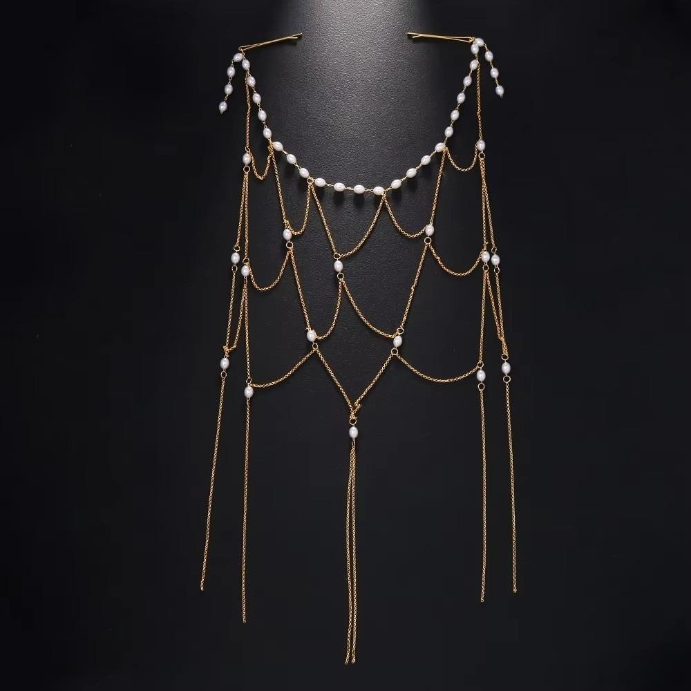 Zircon Pearl Headpiece Hollow Headpiece Tassel Hair Chain High-End Style Bridal Head Chain  Wedding