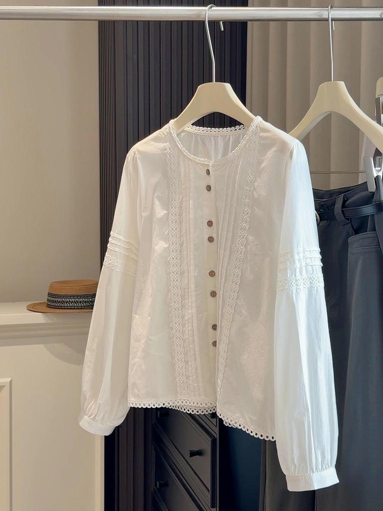 Women's Retro White Lace Trim Blouse - Long Sleeve, Loose Fit for Spring & Autumn 2026