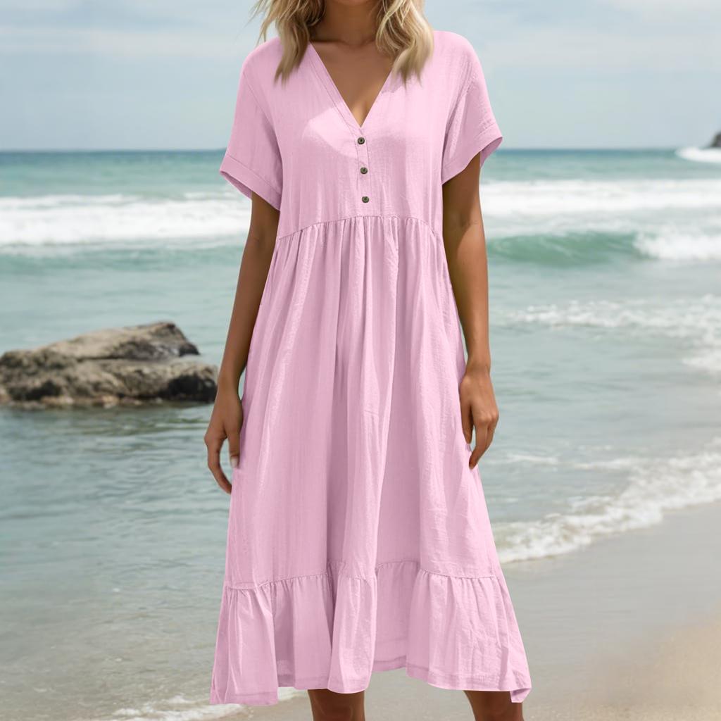 Women's Summer Loose V Neck Short Sleeve Dress, Elegant Dress
