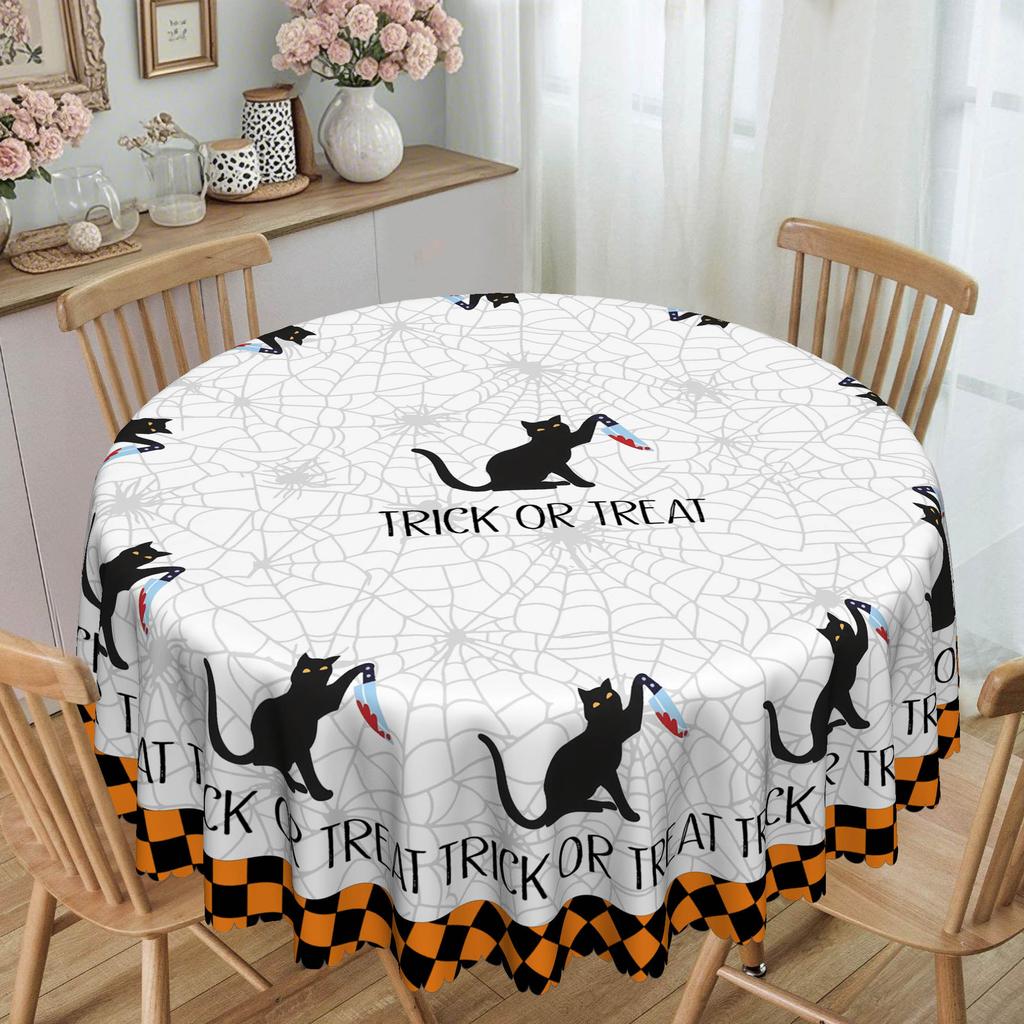 1 Halloween Orange And Black Tablecloth 60 Inches - Spider Web, Black Cat Pattern, Suitable For Long And Round Tables