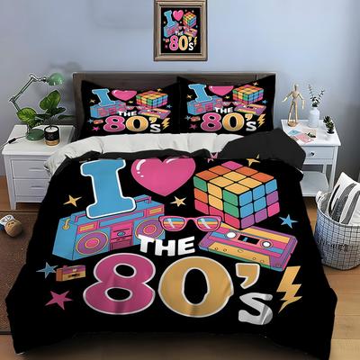 Retro 80s Element Design Bedding Set for Kids Luxury Gift 3pcs Digital Print Comforter Set Soft Comfortable Breathable