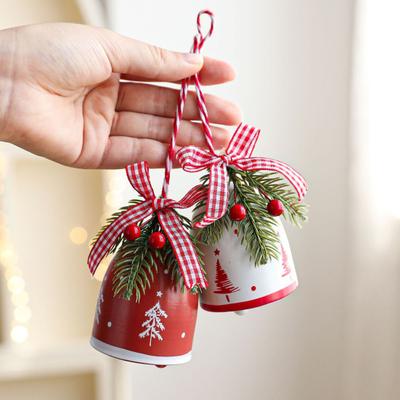 Rustic Christmas Bell Ornaments with Artificial Pine And Red Berries Vintage Metal Jingle Bells Hanging Decoration for Tree Door Wall