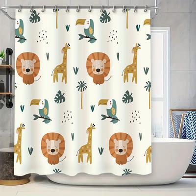 Adorable Animal Print Shower Curtain Jungle Safari Theme For Kids Bathroom Decor Printed Fabric Waterproof Bath Mat Set Modern H