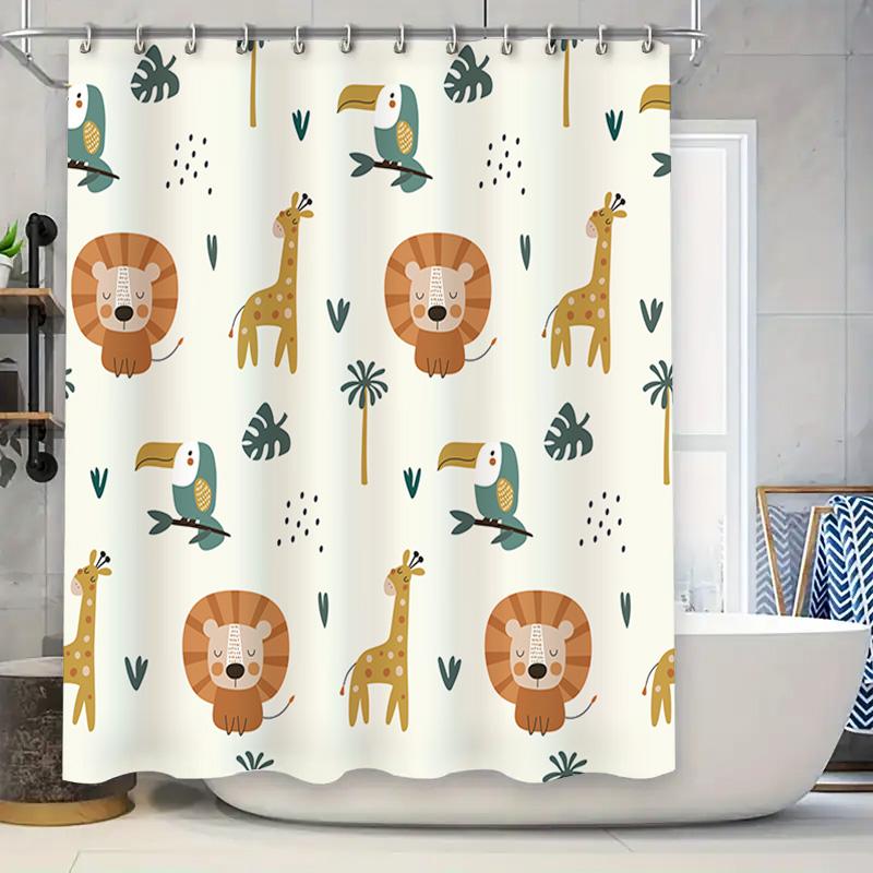 

Adorable Animal Print Shower Curtain Jungle Safari Theme For Kids Bathroom Decor Printed Fabric Waterproof Bath Mat Set Modern H W60H190(CM)-1 Pcs