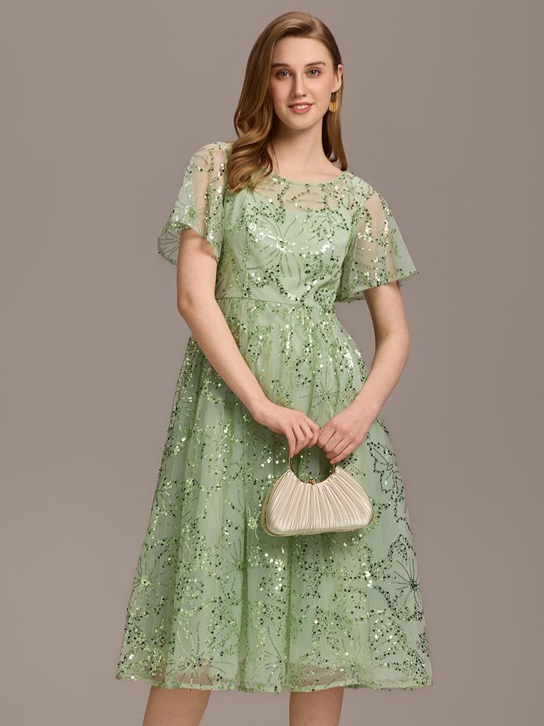 Ever-Pretty Women's Short Sleeve See-through Round Neck A-Line Sequins Midi Wedding Guest Dresses