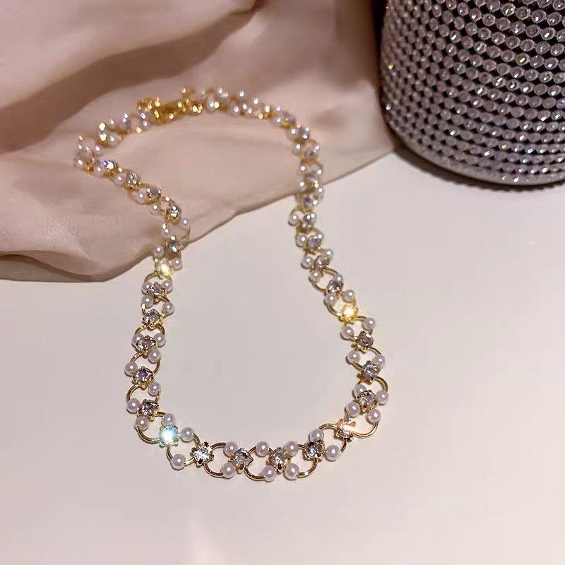 Korean Pearl Studded Diamond Necklace Woven Pearl Necklace
