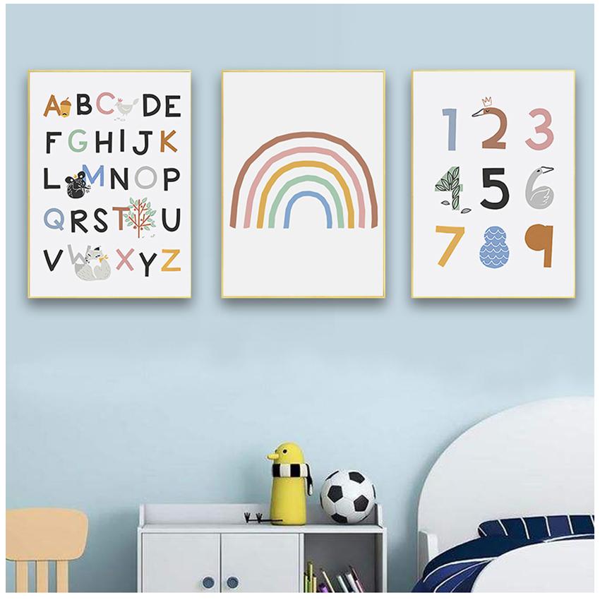 Kinderzimmer Wandkunst Pädagogisches Gemälde Dekoratives Bild ABC Poster Alphabet Nummer Poster und Drucke Regenbogen Leinwanddruck Baby