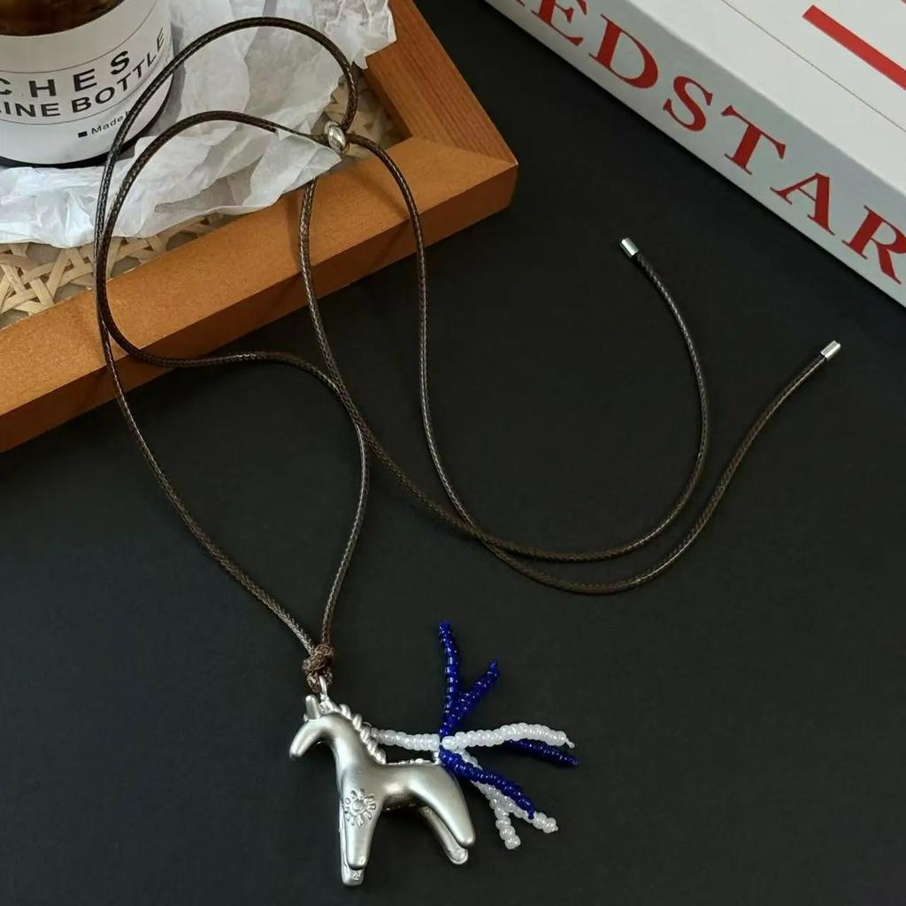 Hot Sale Horse Charm Pendant Necklace for Women Simple Adjustable Long Black Rope Sweater Chain Fashion Accessory 2026 Gifts