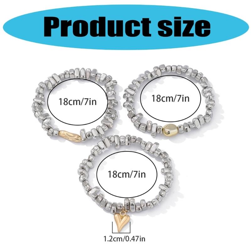 3Piece Elastic Stretch Beaded Bracelet Set Dumpy Gold Silver Ball Stackable Jewelry For Women Irregular Art Design