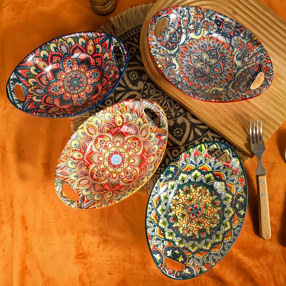 Ceramic Salad Bowl Bohemian Novelty Oval Plate with Handle Microwave Safe Boat-shaped Bowl Stackable Food Bowl Fruit bowl-2PCS