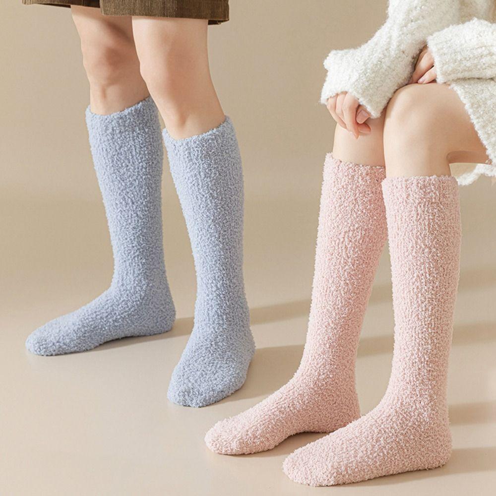 3Pairs Sleeping Coral Fleece Socks Winter Knee High Stockings Cute Floor Plush Socks Autumn