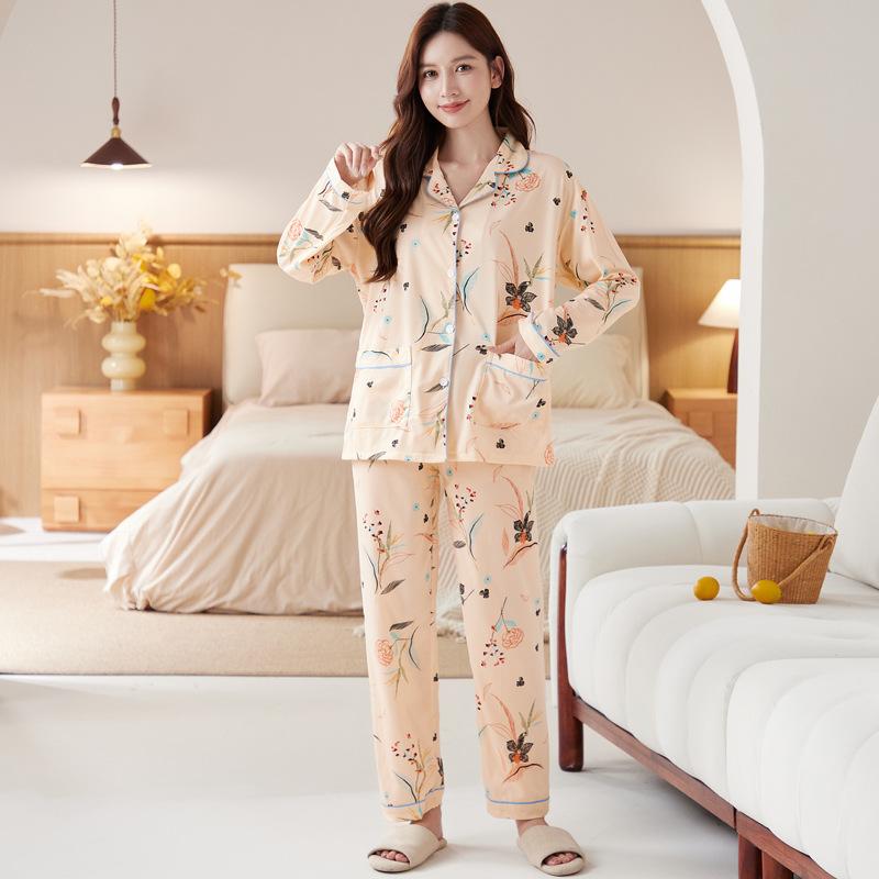 Baumwollimitat Pyjama Damen Frühling und Herbst neu langärmliger Loungewear Anzug Mutter mittleren Alters locker große Größe kann draußen getragen werden