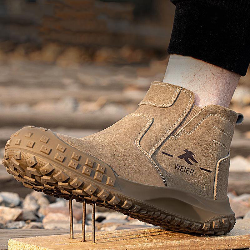 Mens Fashion Steel Toe Covers Work Safety Boots Slip-on Cow Suede Leather Welding Shoes Worker Chelsea Security Botas Protection