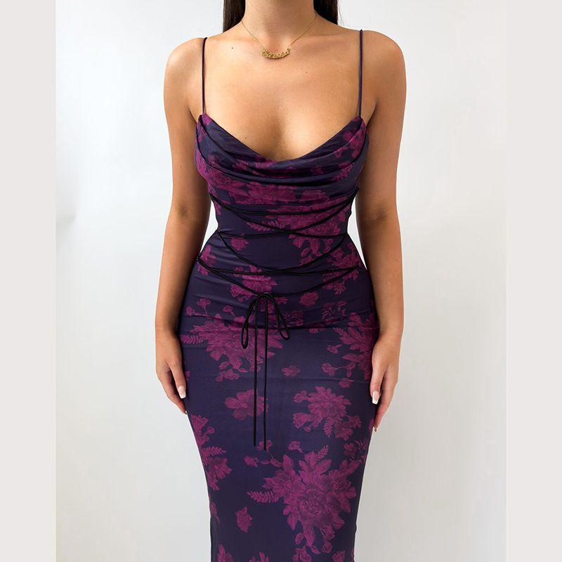 European and American Women Clothes New Lace-up Long Dress Floral Slim Fit Sheath Print Sling Dress Strap Dress