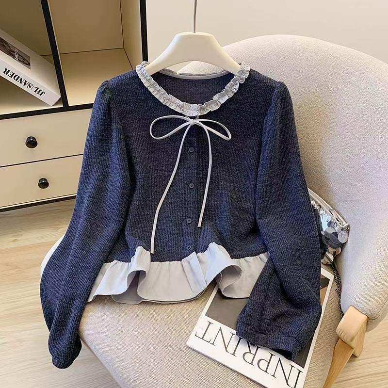 

Женская рубашка с оборками и круглым вырезом в корейском стиле с бантом - Стройнящий дизайн, Осенняя коллекция 2XL (suggested 130-145 jin)