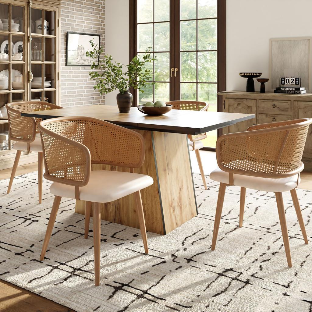 2 Dining Chairs with Rattan Backrest, Seat Cushion PU Leather, Breathable, Modern and Simple Style, Suitable for Restaurants, Living Rooms and Cafés