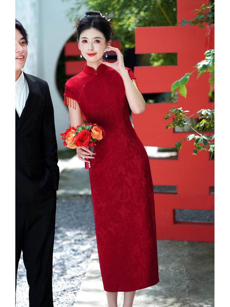 Lace Jacquard Crescent Sleeve Long Cheongsam Dress - 2025 New Style for Mother’s Wedding Banquet