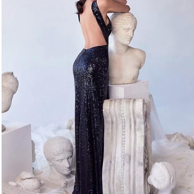 2025 Cross-Border Beaded Irregular Halter Neck Evening Dress for Women
