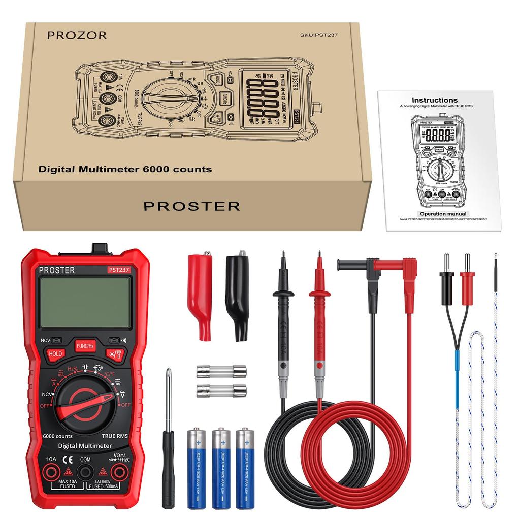 Proster Digitalmultimeter, 6000 Zählungen, AC/DC-Strom, AC/DC-Spannung, NCV, Echter Effektivwert, Widerstand, Diode, Durchgangsprüfung, Kapazität, Frequenz, Temperatur