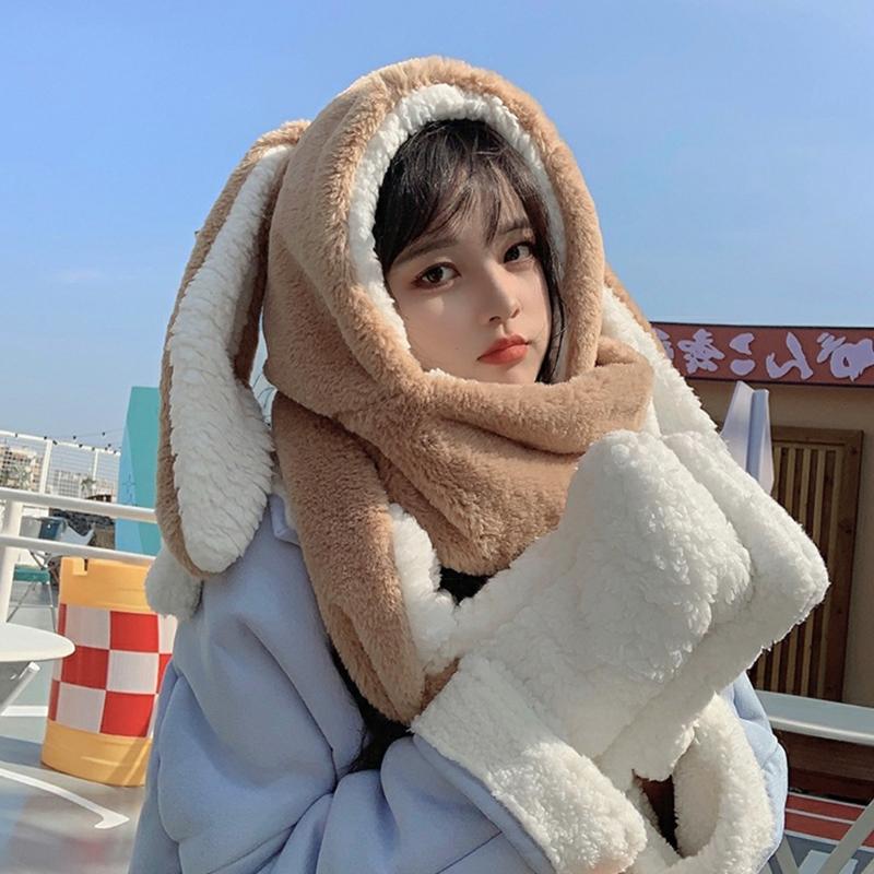 3in1 Winter Hat Glove Scarf Set Warmer Soft Plush Cartoon Rabbit Hat for Student