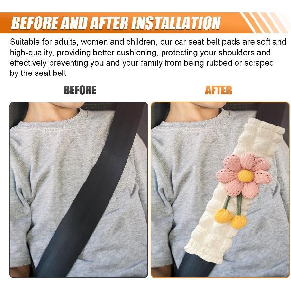 2PCS Cute Flower Car Seat Belt Cover Pads, Soft Safety Belt Shoulder Pad, Floral Auto Seat Strap Pad Neck Cushion Protector, Universal Car