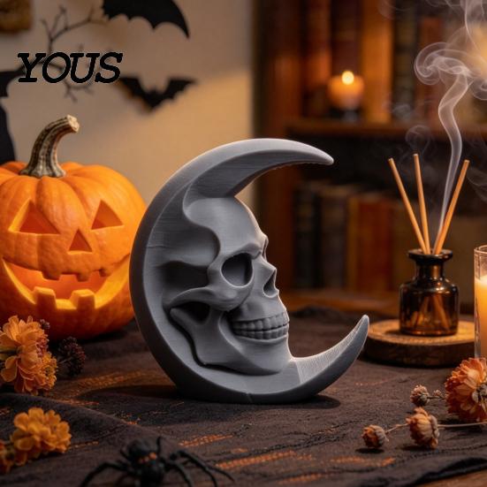 DIY Blank Skull Sculptures 3D Printed Moon Figurine, Gothic Crescent and Unique Ornaments Sculpture, Vintage Desktop Statue for Halloween Desk