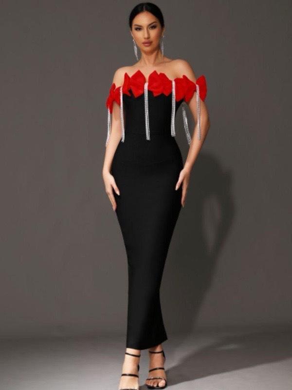 

Европейское и американское платье на одно плечо с кисточками и бантом из страз M красный