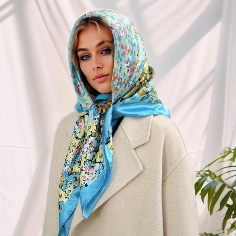 

2024 Luxury Brand Bandana Silk Square 90*90cm Scarf Women Satin Shawl Wrap Hijab Female Scarves Hair Band Wrist Headkerchief 90x90cm