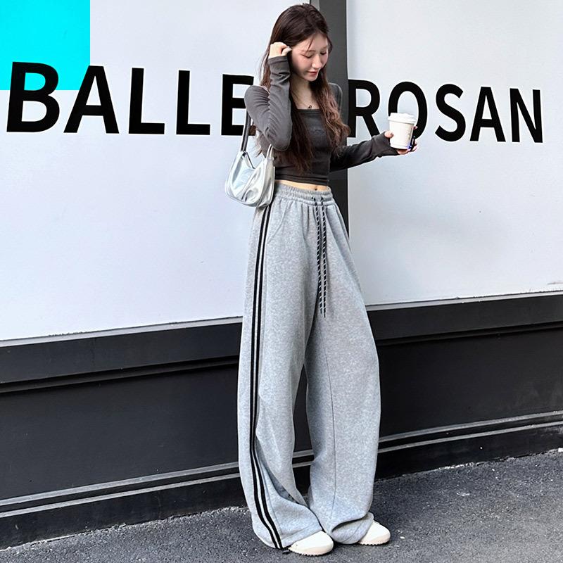 Retro Two-bar Casual Sports Trousers on Spring and Autumn New Colored Rope Drooping High Waist Wide-leg Pants